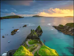 Hrabstwo Kerry, Irlandia, Zachód słońca, Skały, Dunquin Pier, Morze