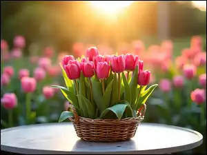 Grafika, Tulipany, Koszyk, Stolik