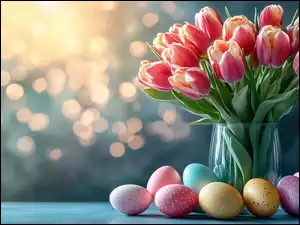 Bukiet, Tulipany, Pisanki, Grafika, Kolorowe, Wielkanoc