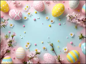 Kolorowe, Pisanki, Grafika, Wielkanoc, Tło, Niebieskie, Kwiaty