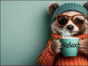 Szop pracz w golfie i okularach oraz z kubkiem z napisem Relax