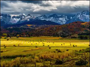 Chmury, Kolorado, Pola, Góry, Drzewa, Mount Sneffels, San Juan Mountains, Stany Zjednoczone, Jesień