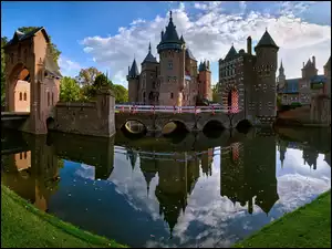 Most, Holandia, Castle De Haar, Staw, Haarzuilens, Wieża, Odbicie, Zamek