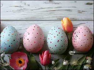 Kolorowe, Wielkanoc, Tulipany, Kwiaty, Pisanki, Białe