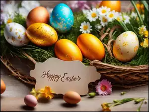 Kartka z napisem Happy Easter obok koszyka w pisankami i kwiatami na deskach