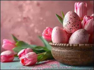 Różowe, Wielkanoc, Różowe, Misa, Pisanki, Tulipany