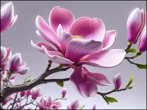 Grafika, Magnolia, Kwiaty, Gałęzie