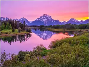 Zachód słońca, Wyoming, Drzewa, Snake River, Park Narodowy Grand Teton, Góra, Mount Sneffels, Stany Zjednoczone, Rzeka