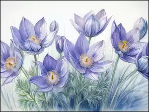 Grafika, Sasanki, Kwiaty, Fioletowe