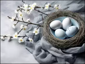 Jajka, Wielkanoc, Tkanina, Kwiaty, Gniazdo, Gałązki