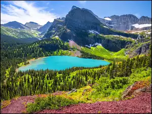 Niebo, Park Narodowy Glacier, Góry, Montana, Jezioro, Lasy, Stany Zjednoczone, Grinnell Lake