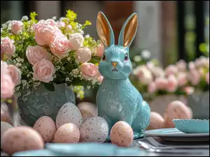 Figurka, Królik, Grafika, Wielkanoc, Róże, Kwiaty, Pisanki