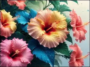 Kolorowe, Hibiskusy, Liście, Grafika, Kwiaty, Krople