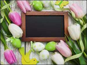 Zielone, Pisanki, Ramka, Wielkanoc, Wstążka, Tulipany, Kolorowe