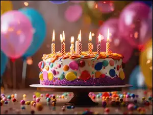 Balony, Grafika, Świeczki, Tort, Urodziny