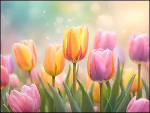 Tulipany, Grafika, Żółte, Różowe, Kwiaty