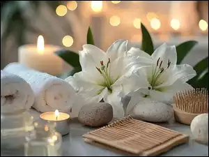 Lilie, Białe, Białe, Świeca, Szczotka, Ręczniki, Olejki, SPA, Kamienie