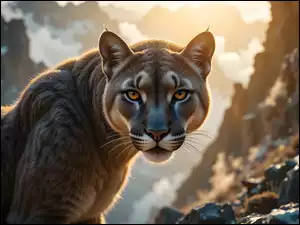 Grafika, Puma, Spojrzenie, Góry