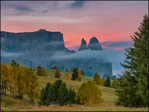 Włochy, Polana, Mgła, Drzewa, Dolomity, Góry, Skały, Góra Schlern, Las, Tyrol