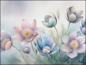 Grafika, Kolorowe, Sasanki, Kwiaty