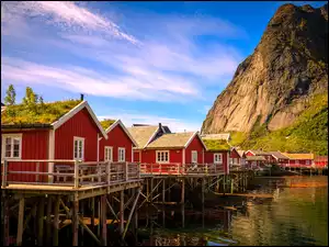 Reine, Lofoty, Czerwone, Norwegia, Domy, Morze, Góra