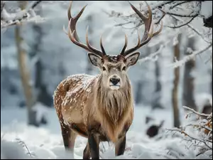 Zima, Las, Rogi, Jeleń, Śnieg
