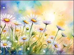 Słońce, Margerytki, Kwiaty, Grafika