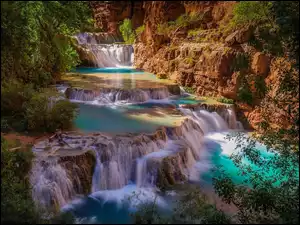 Arizona, Havasupai, Drzewa, Stany Zjednoczone, Skały, Beaver Falls, Wodospad