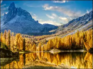 Włochy, Góry, Cortina dAmpezzo, Pożółkłe, Drzewa, Dolomity, Jezioro, Jesień, Lago Federa