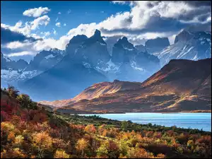 Ameryka Południowa, Torres del Paine, Patagonia, Roślinność, Chile, Jezioro, Pehoe Lake, Góry, Chmury
