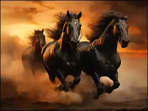 Konie, Trzy, Galop, Zachód słońca, Kare, Kurz