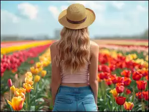 Kwiaty, Kobieta, Kapelusz, Plantacja, Dziewczyna, Tulipany, Grafika, Blondynka