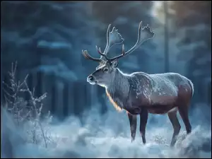 Zima, Śnieg, Noc, Jeleń, Rośliny