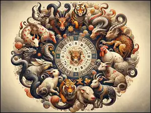 Chińskie znaki zodiaku ze zwierzętami w grafice