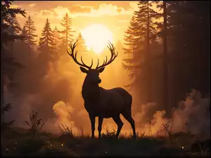 Jeleń na tle mgły i zachodu słońca nad lasem