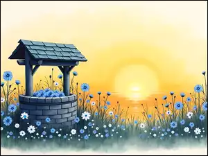 Grafika, Studnia, Kwiaty