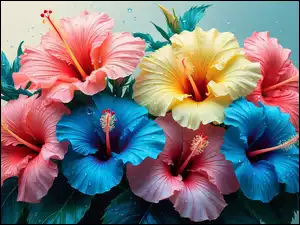 Liście, Kwiaty, Niebieskie, Krople, Hibiskusy, Żółty, Grafika, Różowe