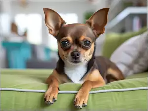 Zielona, Grafika Chihuahua krótkowłosa, Pies, Chihuahua krótkowłosa, Kanapa