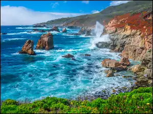 Kalifornia, Big Sur Beach, Skały, Stany Zjednoczone, Zatoka, Morze, Wybrzeże