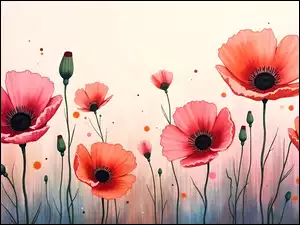 Maki, Pąki, Grafika, Czerwone, Tło, Jasne, Kwiaty