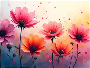 Grafika, Różowe, Pomarańczowe, Kwiaty