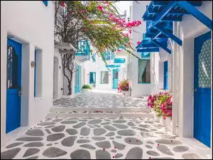 Białe domy z niebieskimi drzwiami na wąskiej uliczce na Santorini
