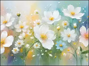 Kwiaty, Białe, Kolorowe, Grafika, Jasne, Tło