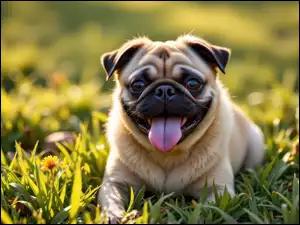 Język, Grafika, Mops, Pies, Trawa