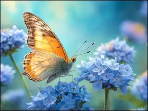 Niebieskie, Grafika, Owad, Motyl, Kwiaty