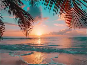Fale, Morze, Palmy, Chmury, Plaża, Zachód słońca