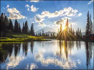 Stany Zjednoczone, Góry, Stan Waszyngton, Niebo, Zachód słońca, Drzewa, Jezioro, Park Narodowy Mount Rainier, Tipsoo Lake