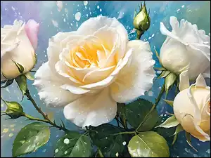 Grafika, Biało-kremowe, Róże, Kwiaty