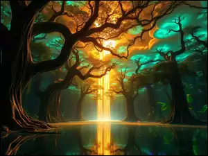 Krajobraz sceniczny z odbiciem światła płomieni w wodzie