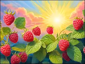 Maliny, Czerwone, Liście, Słońce, Owoce, Grafika